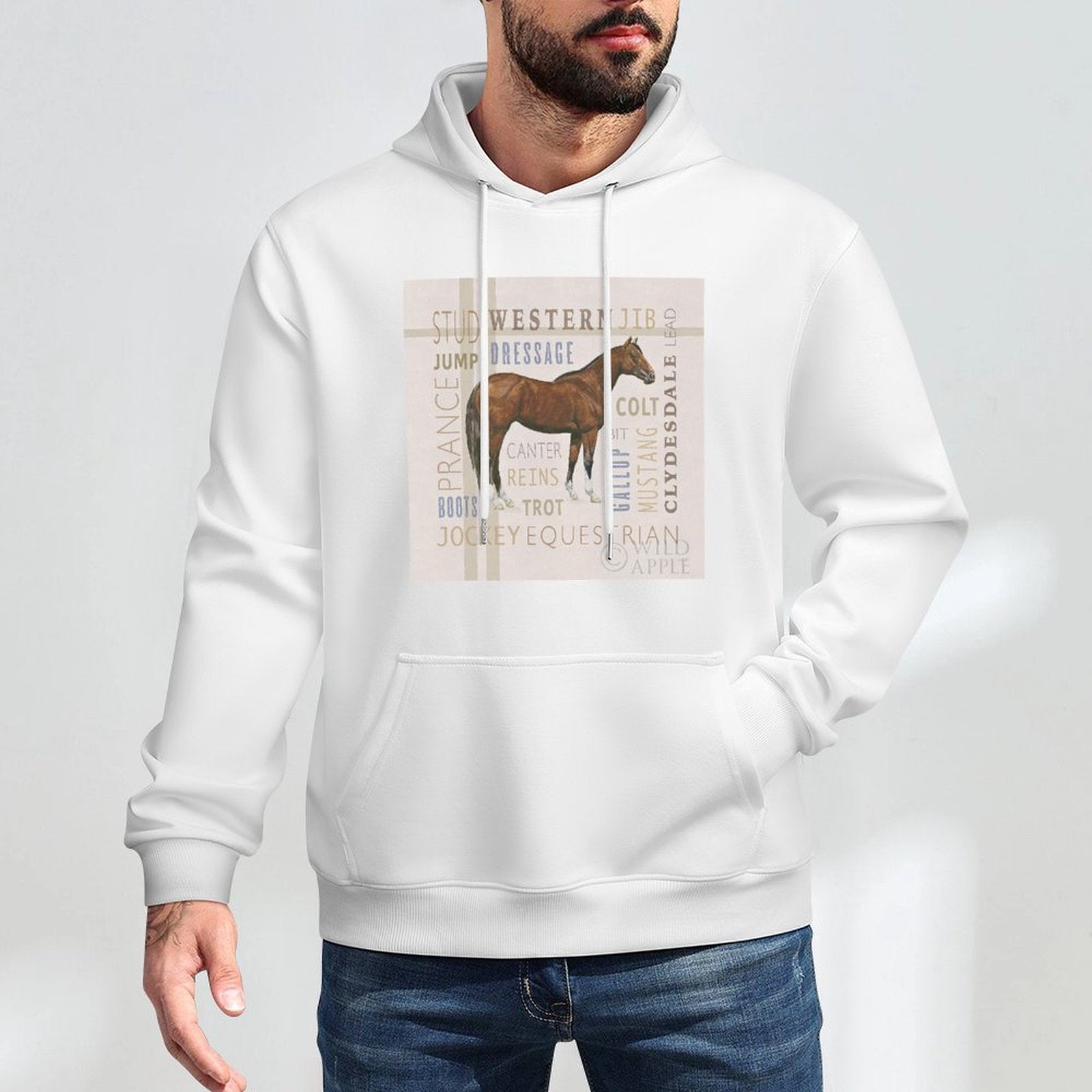 Men's Natural Charm III white stick hooded sweatshirt featuring horse graphic and equestrian terms like dressage.