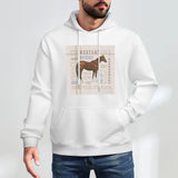 Men's Natural Charm III white stick hooded sweatshirt featuring horse graphic and equestrian terms like dressage.