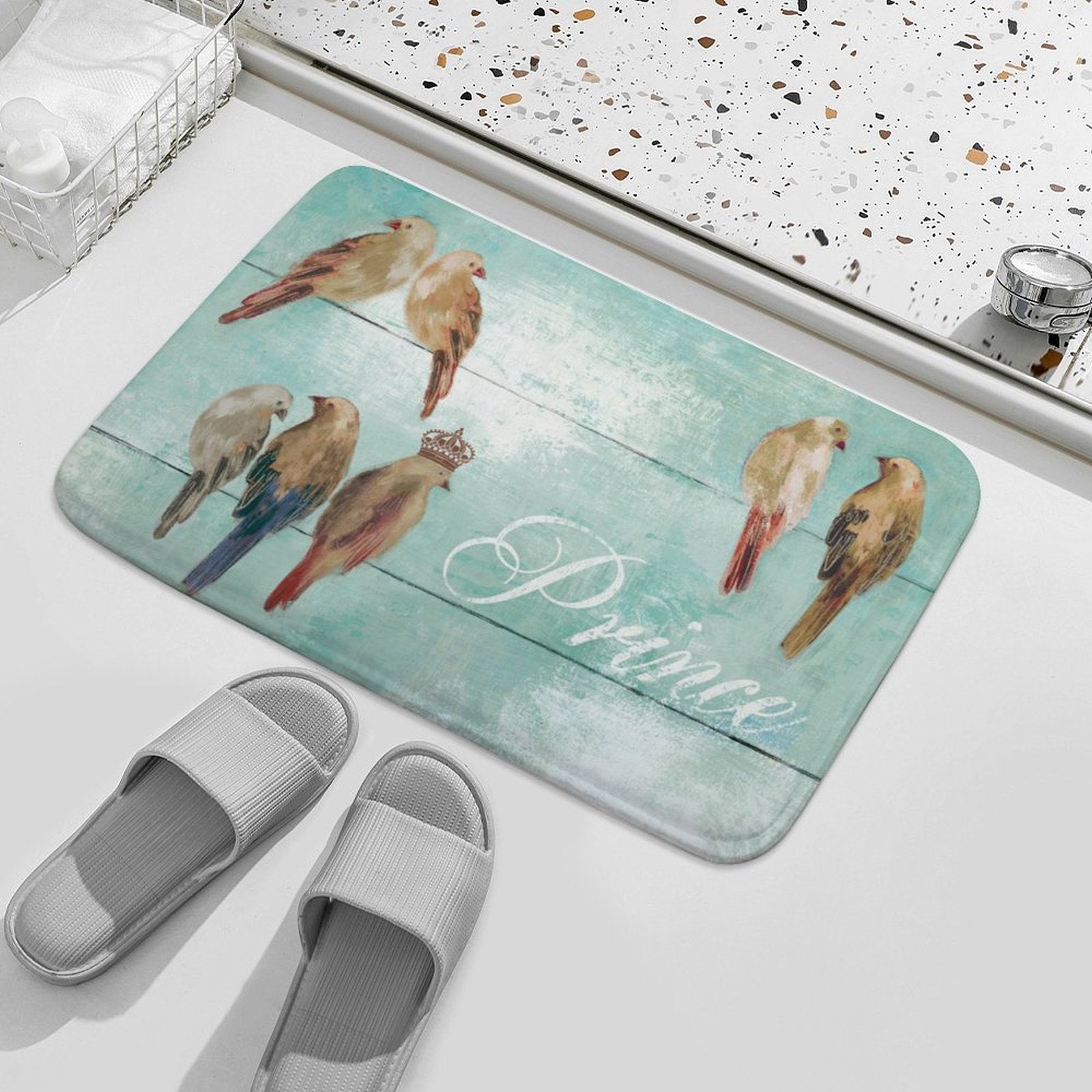 Coral velvet bath rug with watercolor bird design and Prince text for bathroom