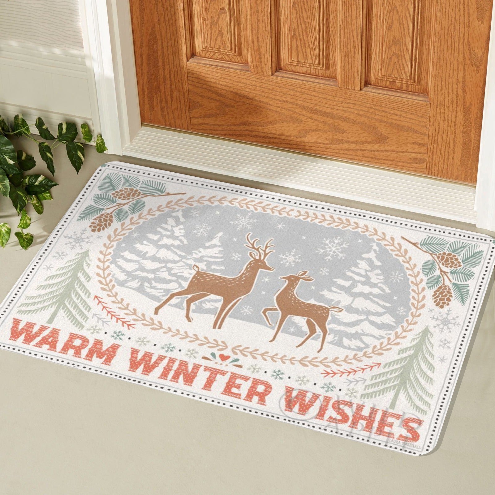 Winter doormat featuring deer and "Warm Winter Wishes" greeting; rubber floor mat for indoor or outdoor use