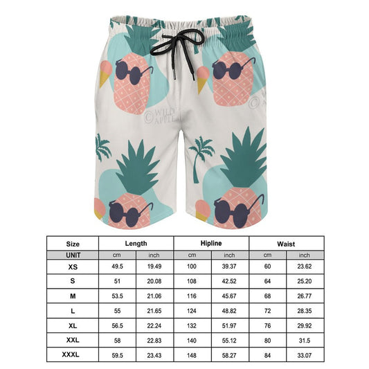 Men's Hawaiian print swim trunks with pineapple sunglasses pattern, quick dry board shorts with size chart