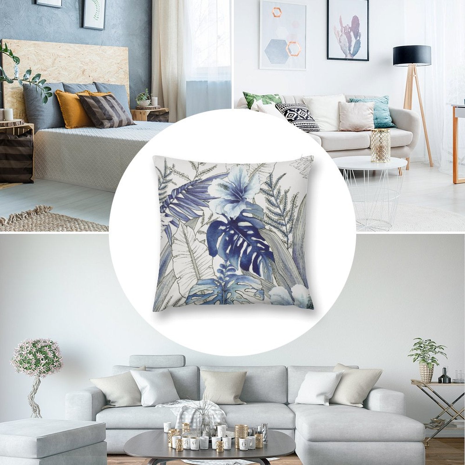 Blue floral throw pillow cover on sofa, soft plush fabric, living room decor, MyArtsyGift
