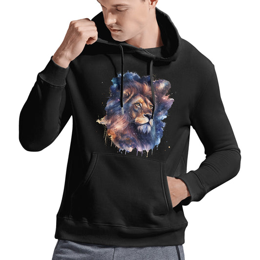 Mighty Lion Astro Cruise Men's Black Hooded Sweatshirt - Artistic lion design on a cotton hoodie for men.