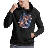 Mighty Lion Astro Cruise Men's Black Hooded Sweatshirt - Artistic lion design on a cotton hoodie for men.