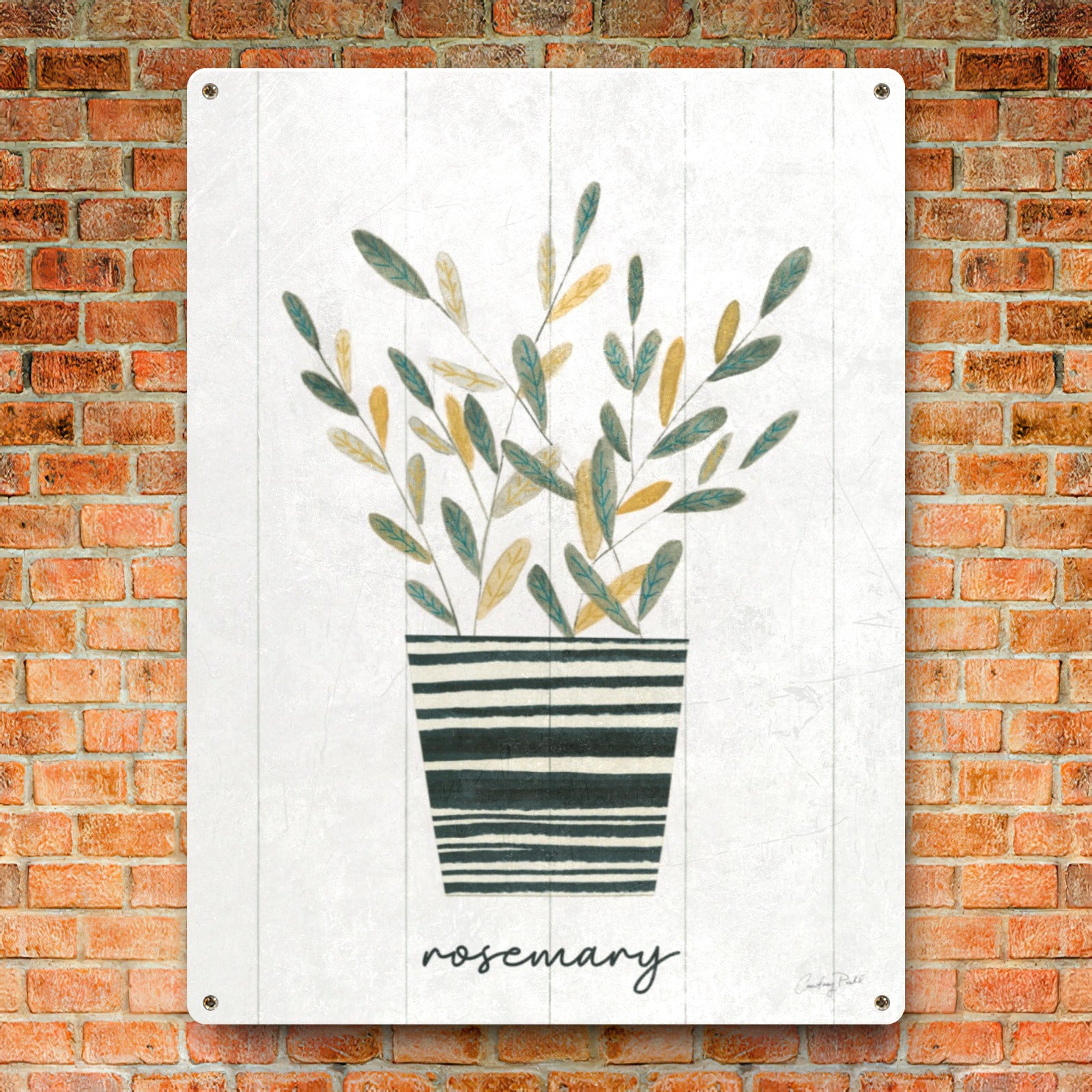 Herb Garden Metal Sign. Rosemary plant art with green and yellow leaves in a striped pot, Made in USA.