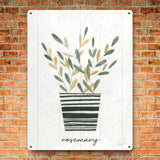 Herb Garden Metal Sign. Rosemary plant art with green and yellow leaves in a striped pot, Made in USA.