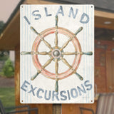 Nautical Island Excursions metal sign, retro beach decor, ship wheel art.
