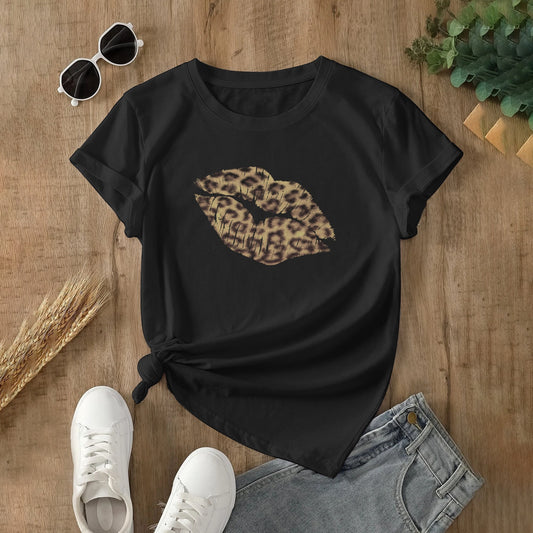 Black Leopard Kiss T-shirt, cotton, Made in USA, for women. Comfortable and stylish with leopard lips design.