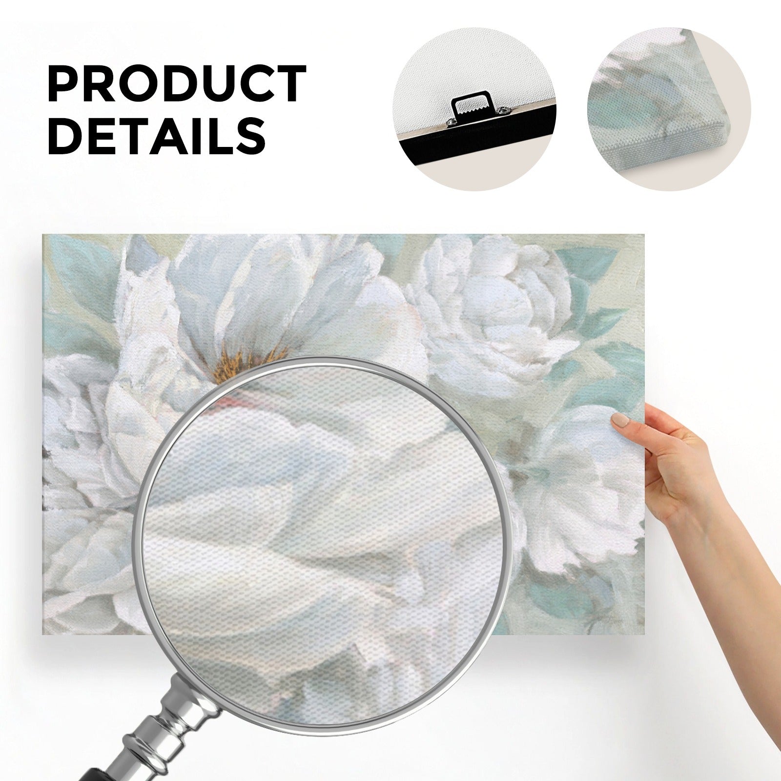 Beauty Bouquet Canvas Print product detail: White floral art, canvas texture, USA made.