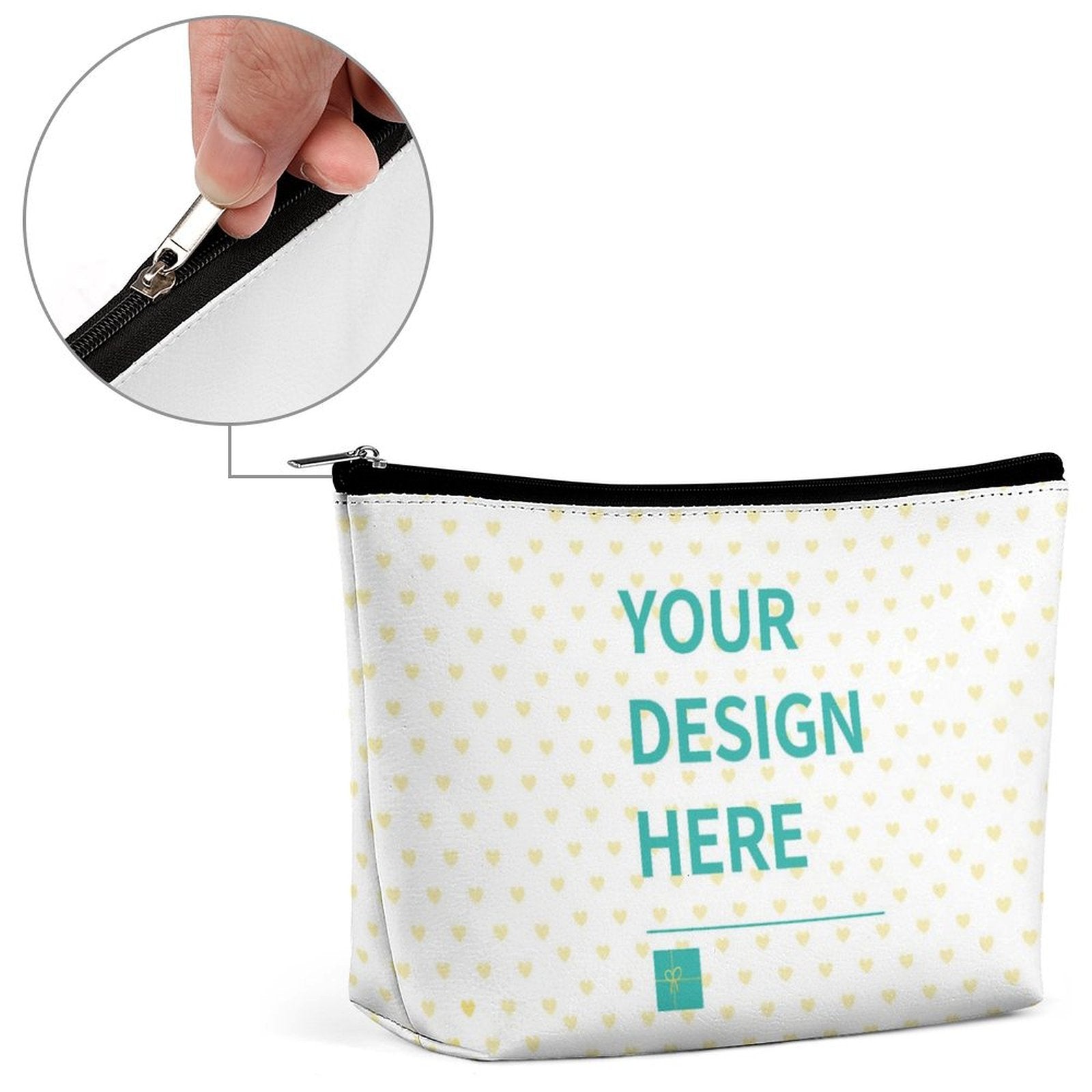 Custom makeup bag with 'Your Design Here' on white PU, black zipper, cosmetic storage, MyArtsyGift