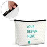 Custom makeup bag with 'Your Design Here' on white PU, black zipper, cosmetic storage, MyArtsyGift
