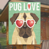 Metal Pug Love sign, pug with heart sunglasses, perfect gift for dog lovers, iron wall art, USA made.