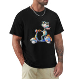 Men's black cotton t-shirt with colorful frog scooter design, perfect for art lovers.