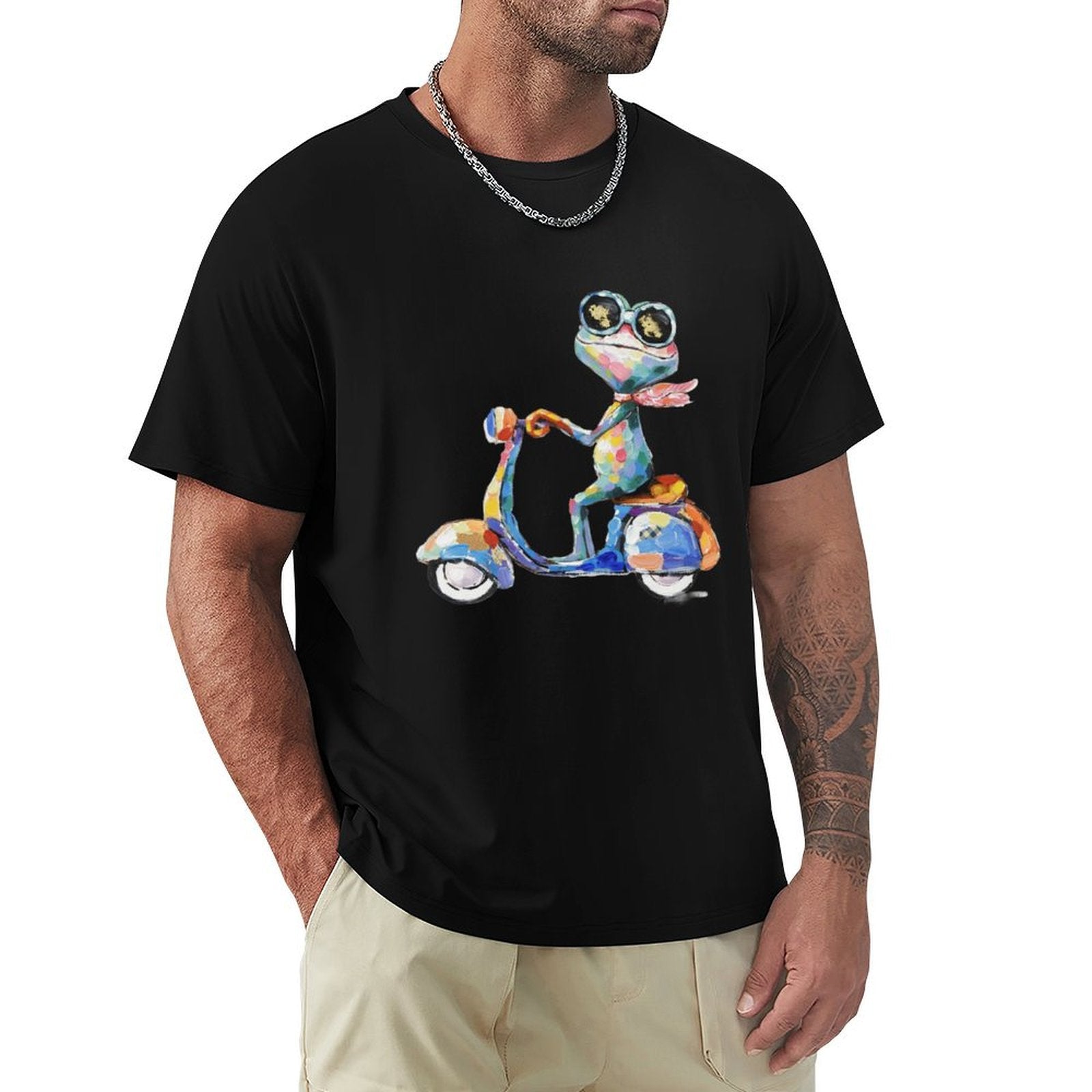 Men's black short sleeve crew neck t-shirt with colorful frog riding a scooter, Classic Tees for Men
