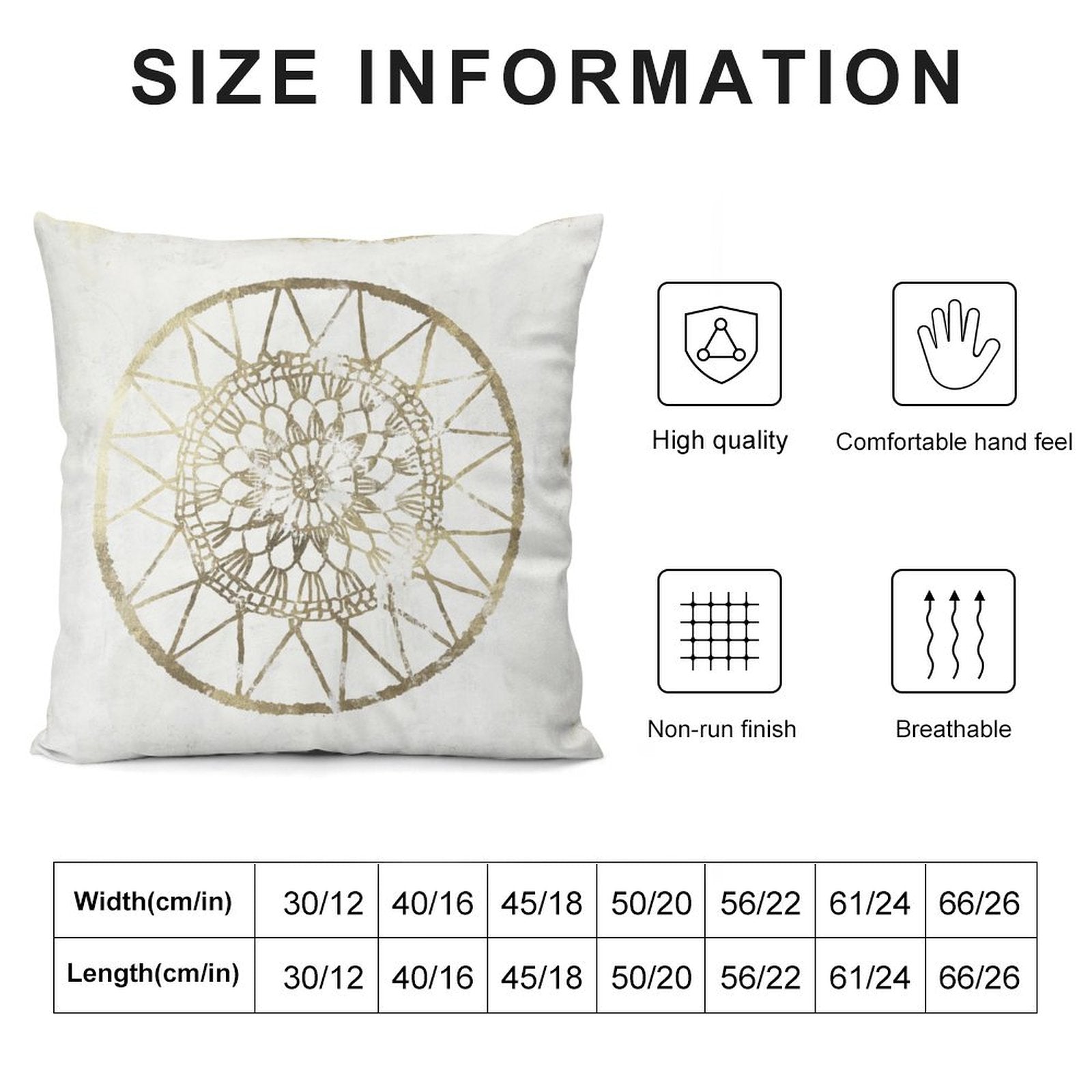 Luxury soft plush throw pillow cover with gold geometric design, size details, high quality, breathable, and non-run finish.