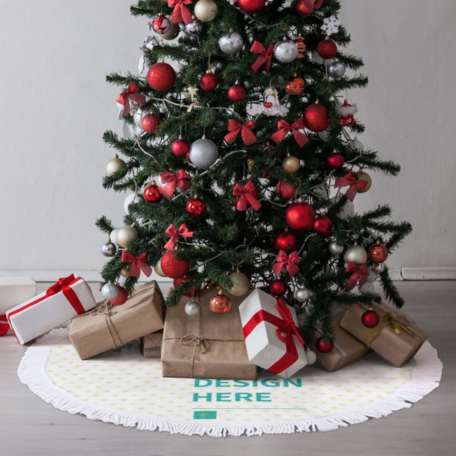 Custom Christmas tree skirt with 'DESIGN HERE' text under a decorated Xmas tree, personalized Xmas decoration