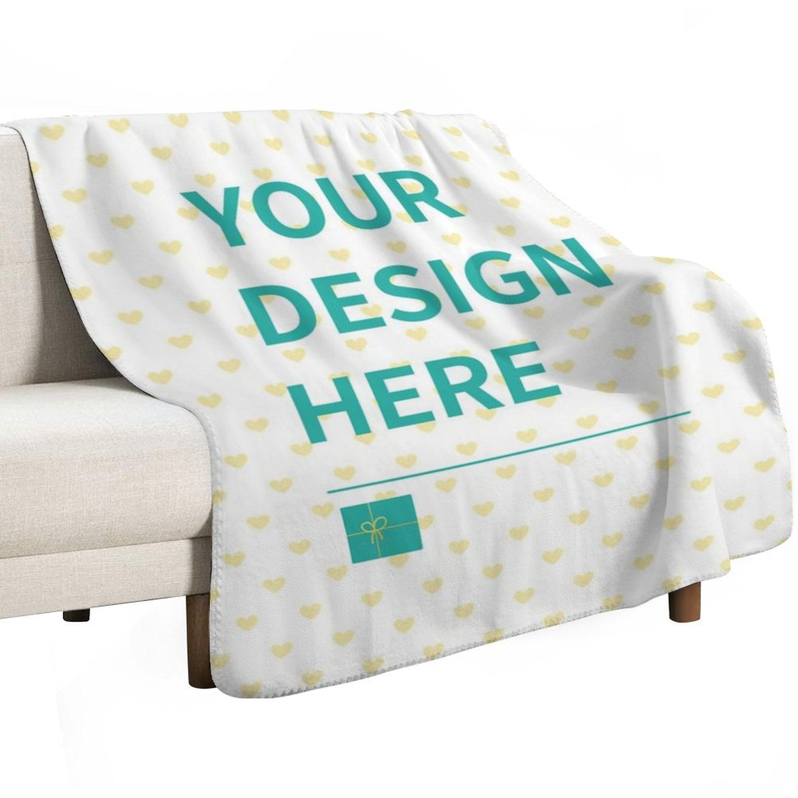 Customizable lamb wool fleece blanket with 'YOUR DESIGN HERE' text, heart pattern, perfect gift