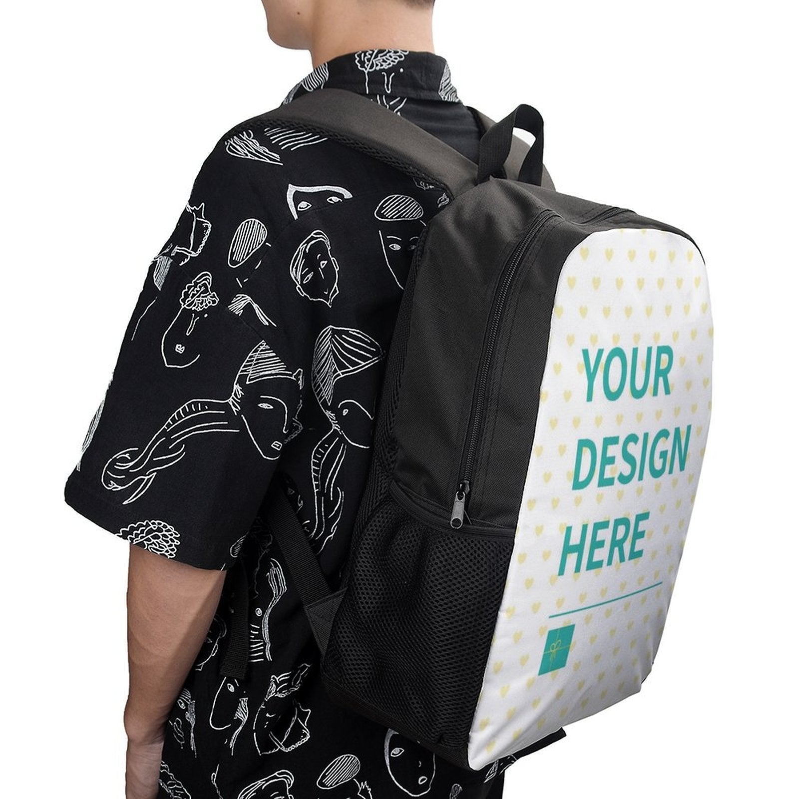 Customizable black backpack with 'YOUR DESIGN HERE' design, for school, travel, or work, 600D Polyester; MyArtsyGift