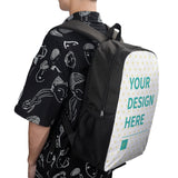 Customizable black backpack with 'YOUR DESIGN HERE' design, for school, travel, or work, 600D Polyester; MyArtsyGift