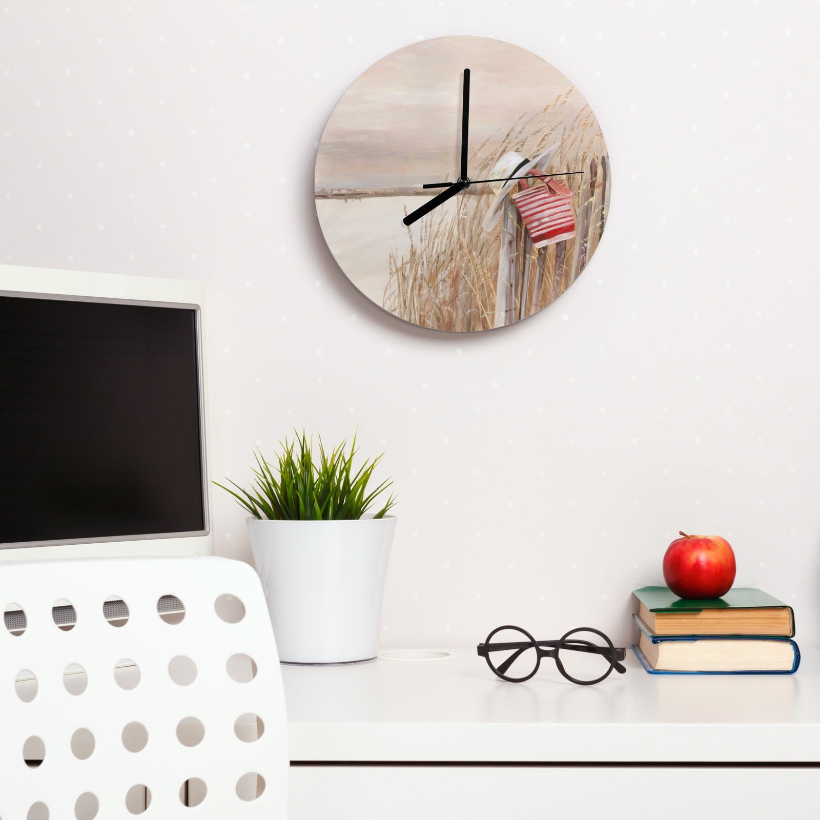 Modern beach scene MDF wall clock, office kitchen decor, coastal artwork, blue butterfly design, round clock