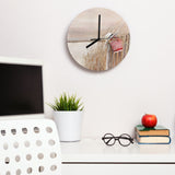 Modern beach scene MDF wall clock, office kitchen decor, coastal artwork, blue butterfly design, round clock
