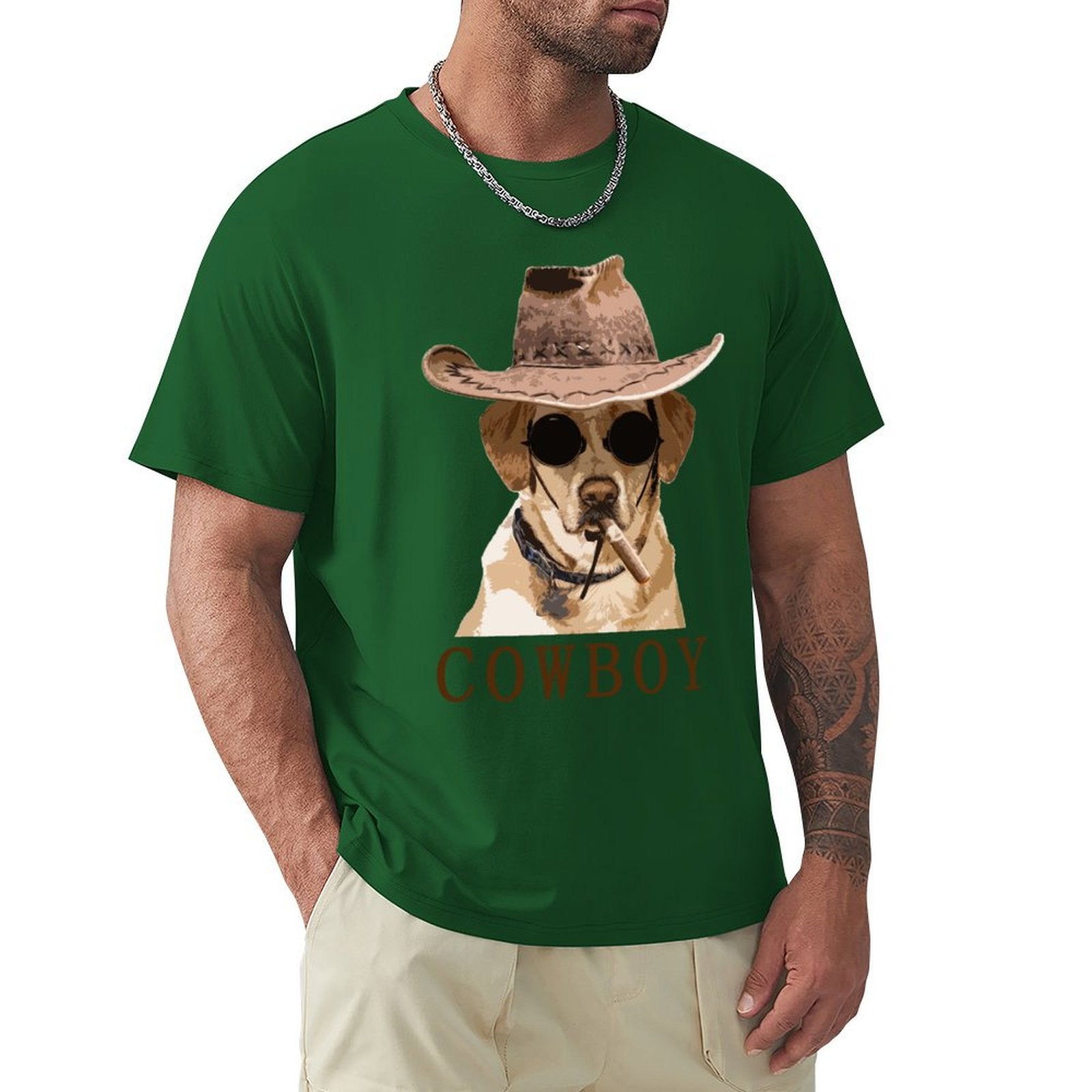 Green men's cowboy dog t-shirt. Features a dog wearing a cowboy hat and sunglasses, classic tee from MyArtsyGift.com