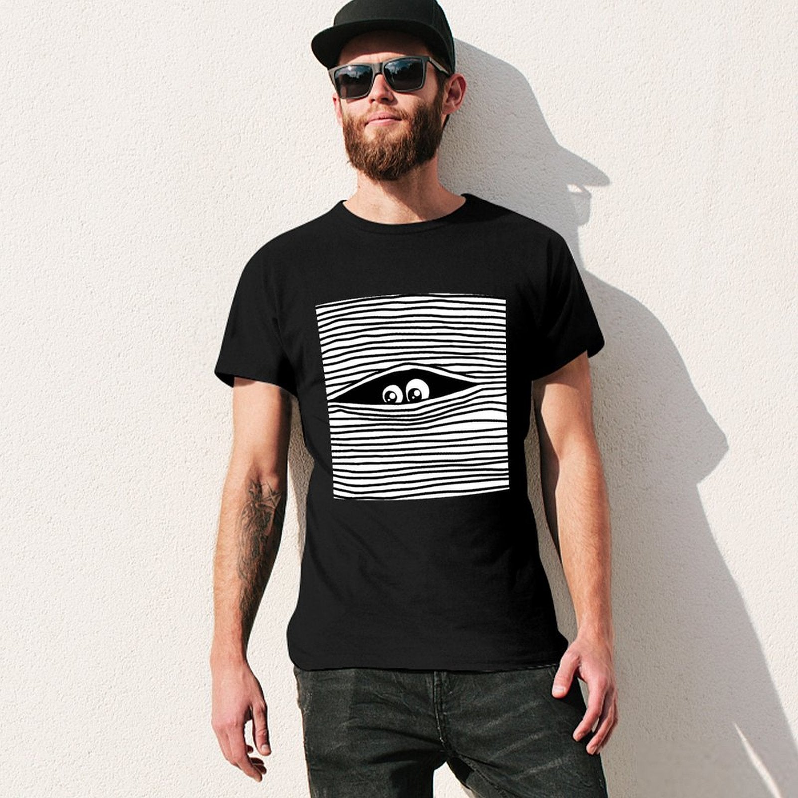 Black crew neck t-shirt for men with eye graphic, MyArtsyGift. Comfortable cotton tee, perfect for everyday wear.