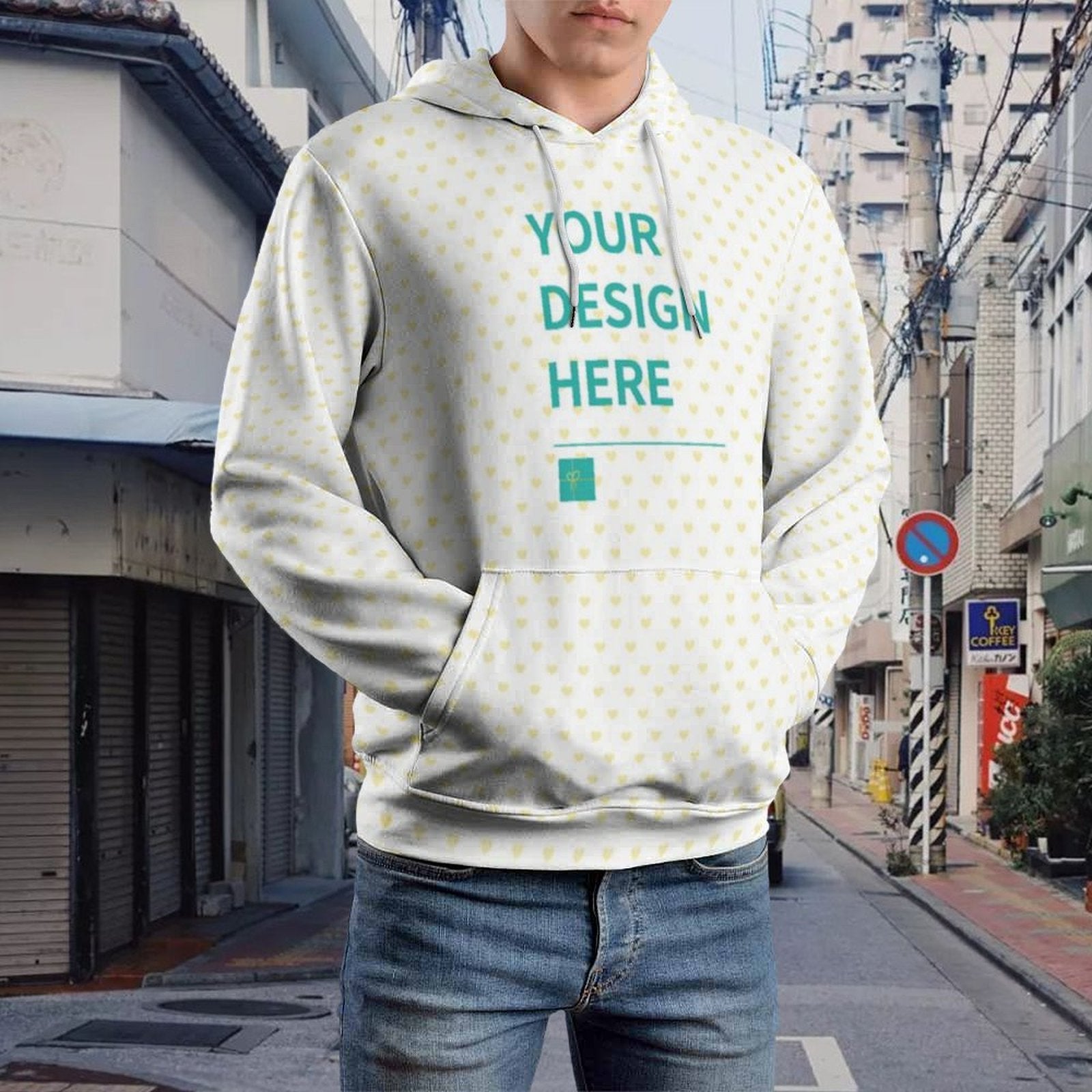 Custom men's midweight cotton hoodie with heart pattern, featuring 'YOUR DESIGN HERE' text, MyArtsyGift