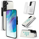 Samsung Galaxy S22 flip cover in white PU leather with card slot, customizable design area, and 'YOUR DESIGN HERE' text.