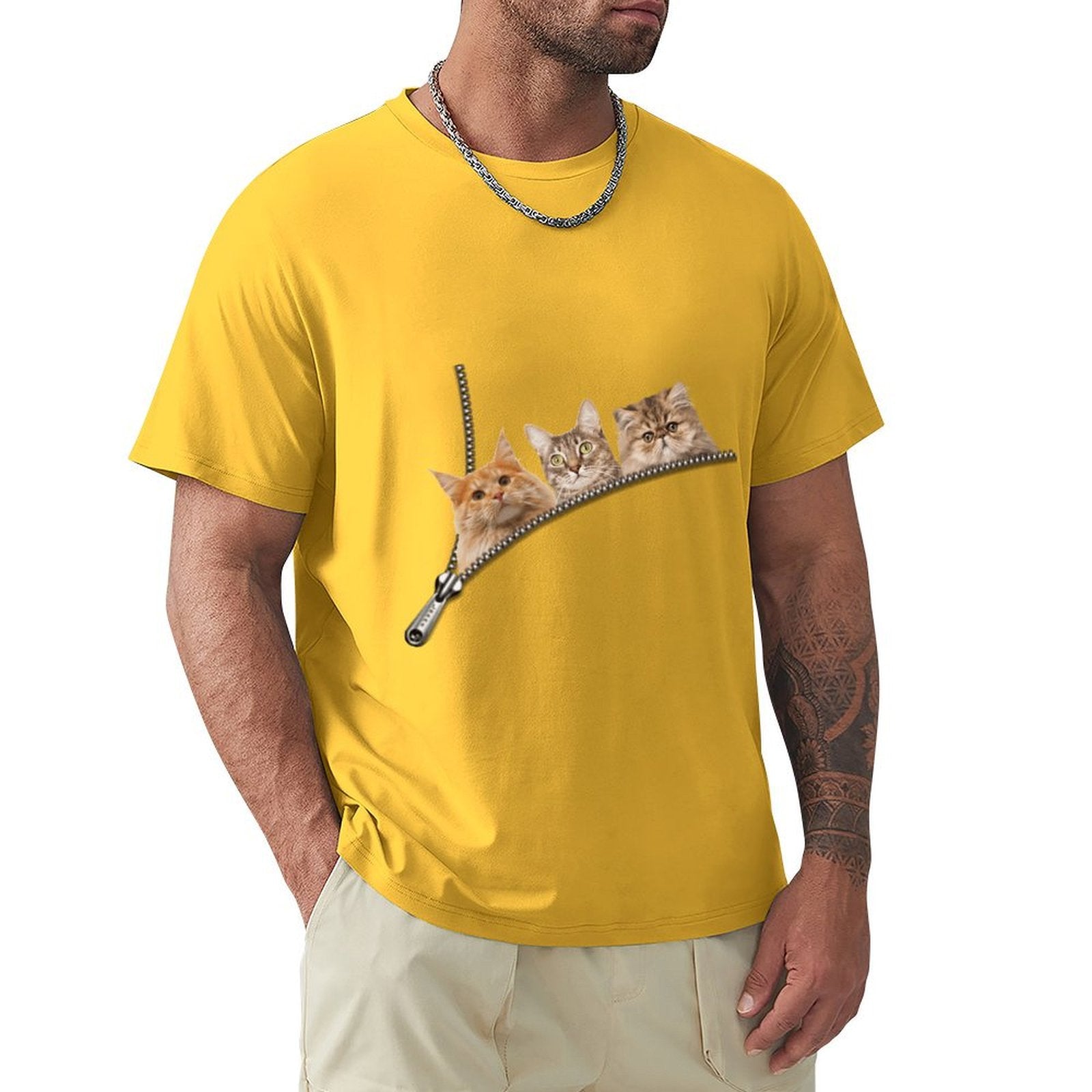 Yellow men's t-shirt with cat zipper pocket design. Pure cotton tee for cat lovers, available in multiple sizes