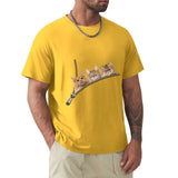 Men's yellow short sleeve t-shirt with playful 3 cat zipper pocket design, perfect for daily wear and self-expression.