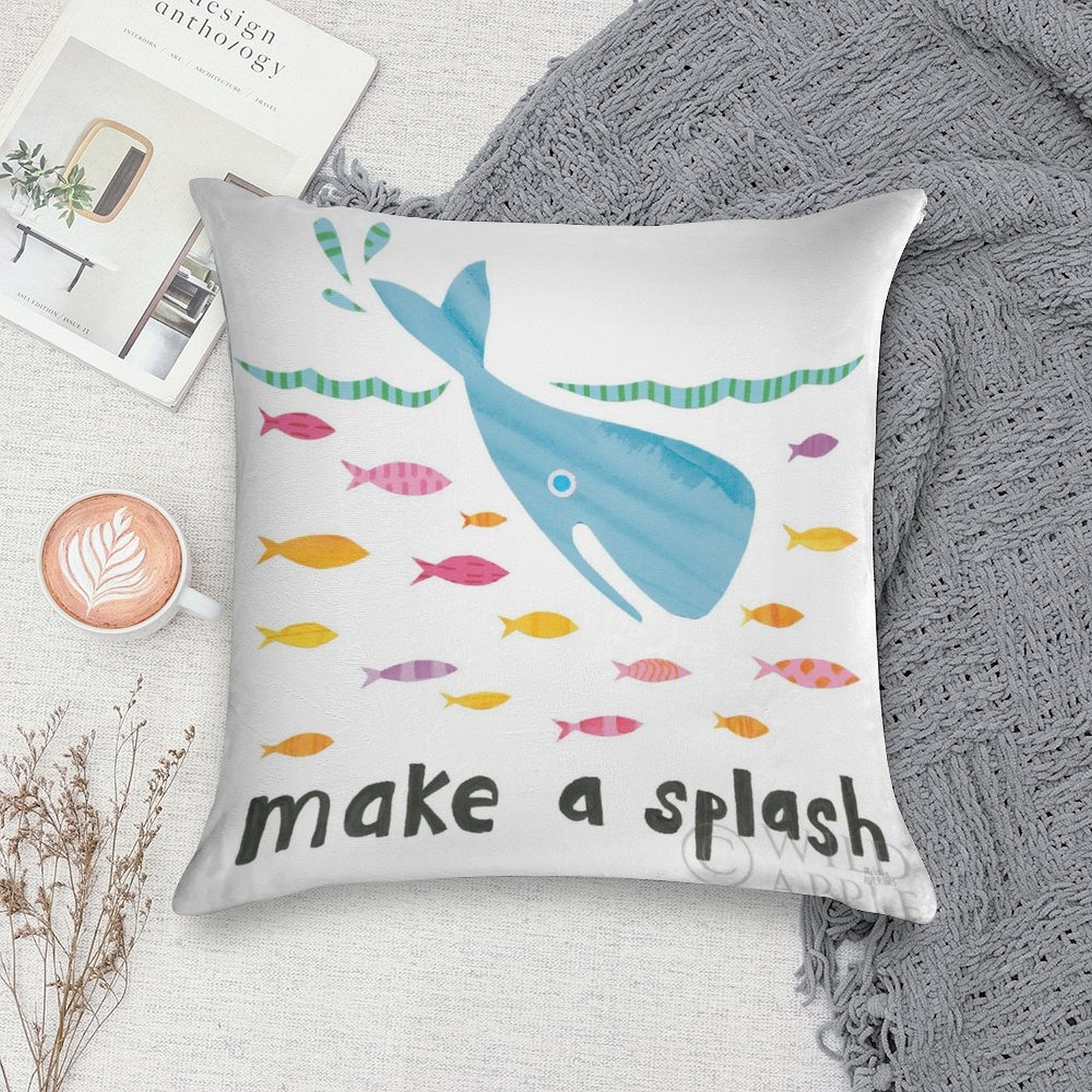 Super soft throw pillow case with whale and fish illustrations, 'make a splash' design for living room decor
