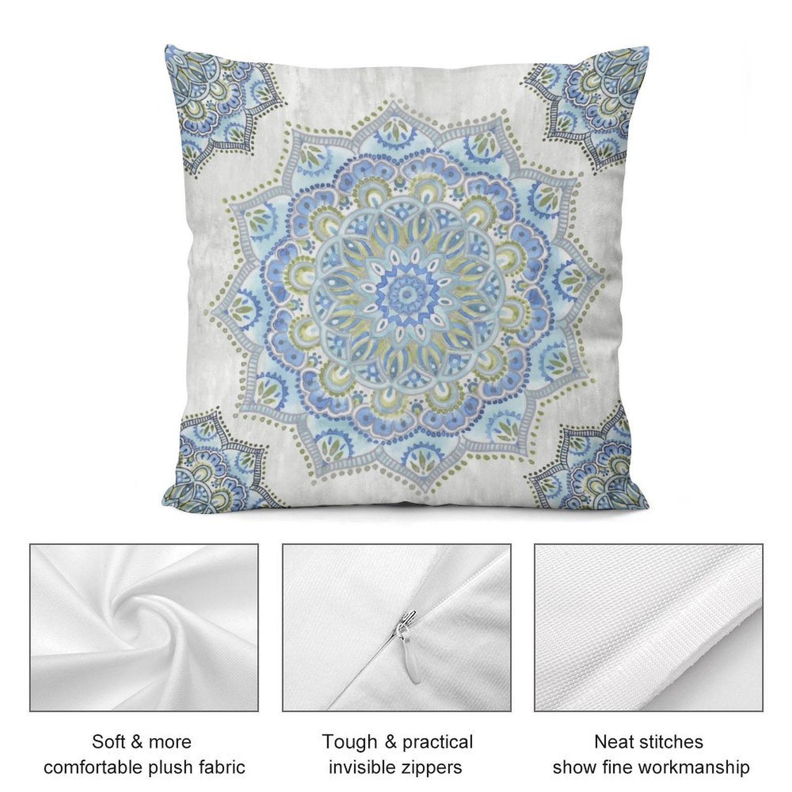 Plush throw pillow cover with blue mandala design, soft fabric and invisible zipper, perfect for sofa and living room decor