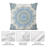 Plush throw pillow cover with blue mandala design, soft fabric and invisible zipper, perfect for sofa and living room decor