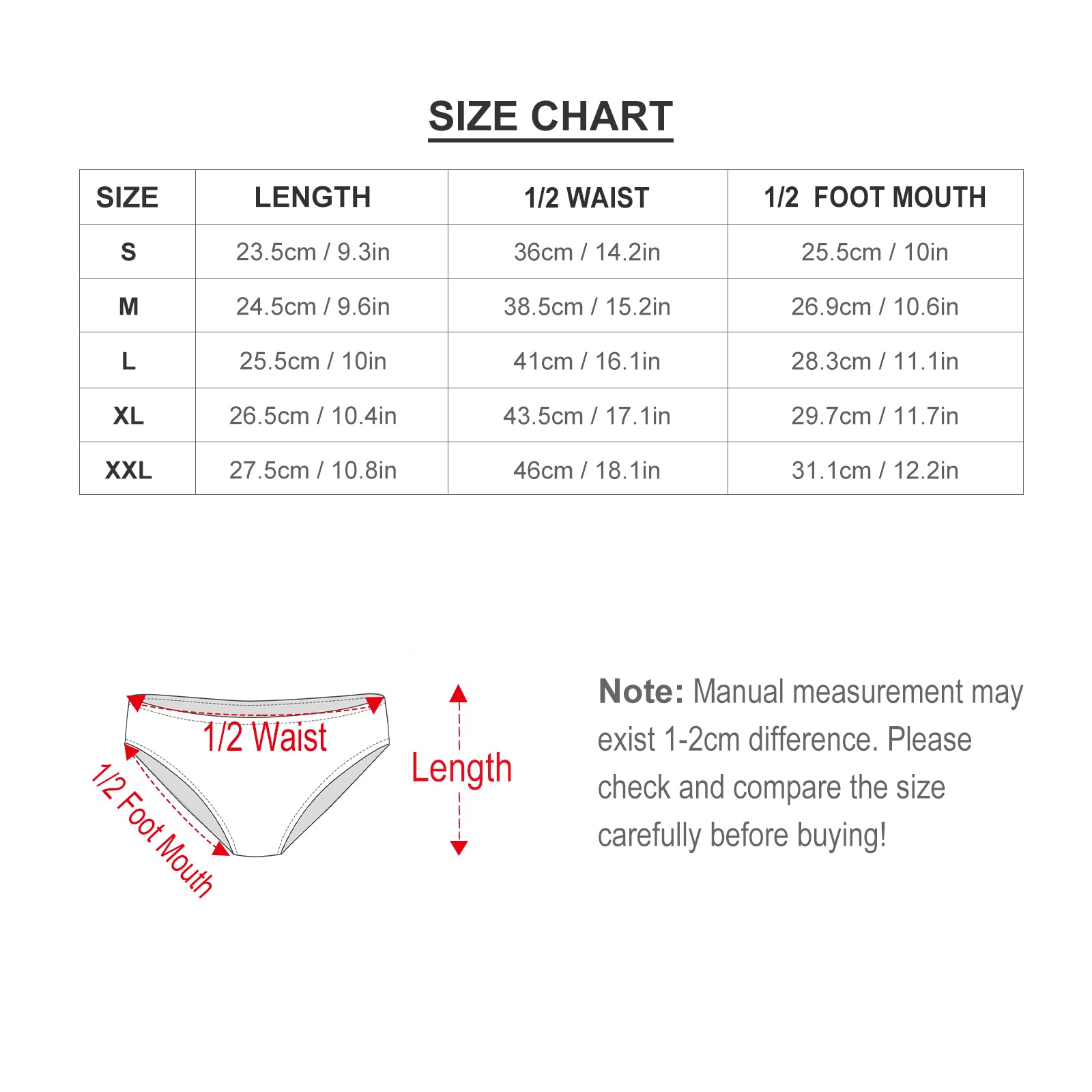 Women's underwear size chart for low-rise panties - measurements in cm and inches