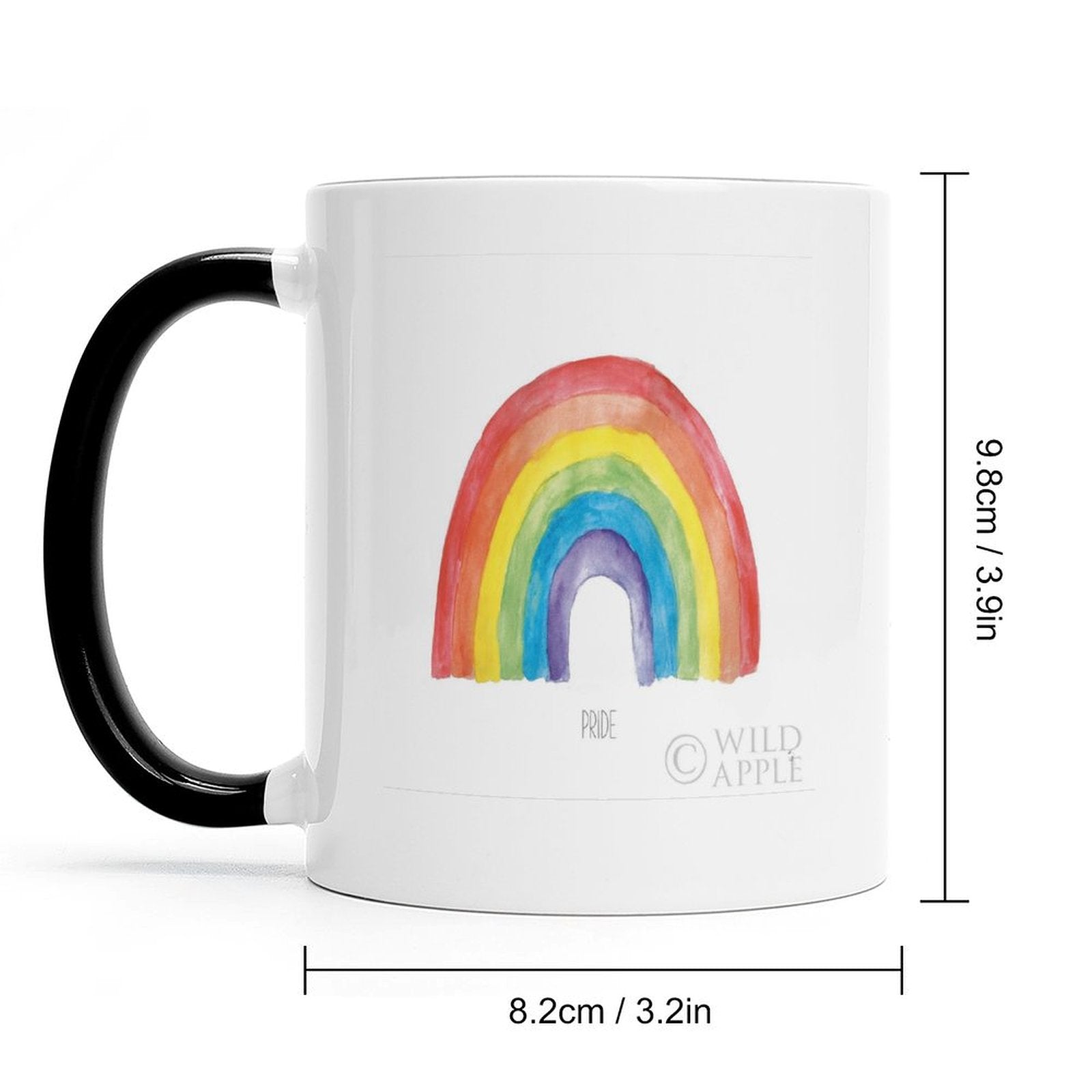 Personalized white ceramic mug with colorful rainbow Pride design, black handle, perfect gift.