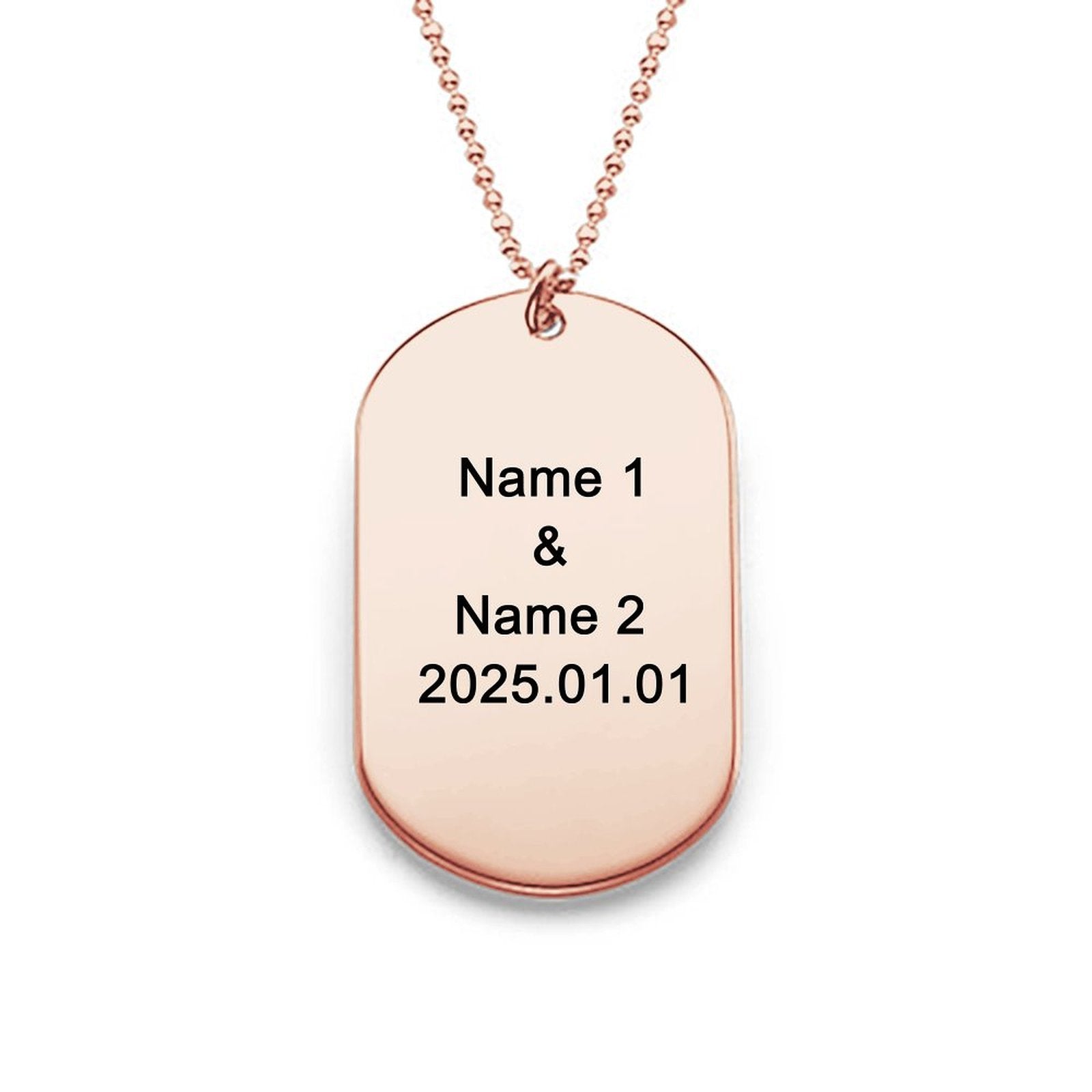 Rose gold personalized dog tag necklace with custom engraved names and date, perfect gift.