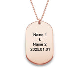 Rose gold personalized dog tag necklace with custom engraved names and date, perfect gift.