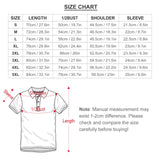 Custom polo shirt size chart. Measurements for chest, shoulder, and sleeve sizes S-5XL.
