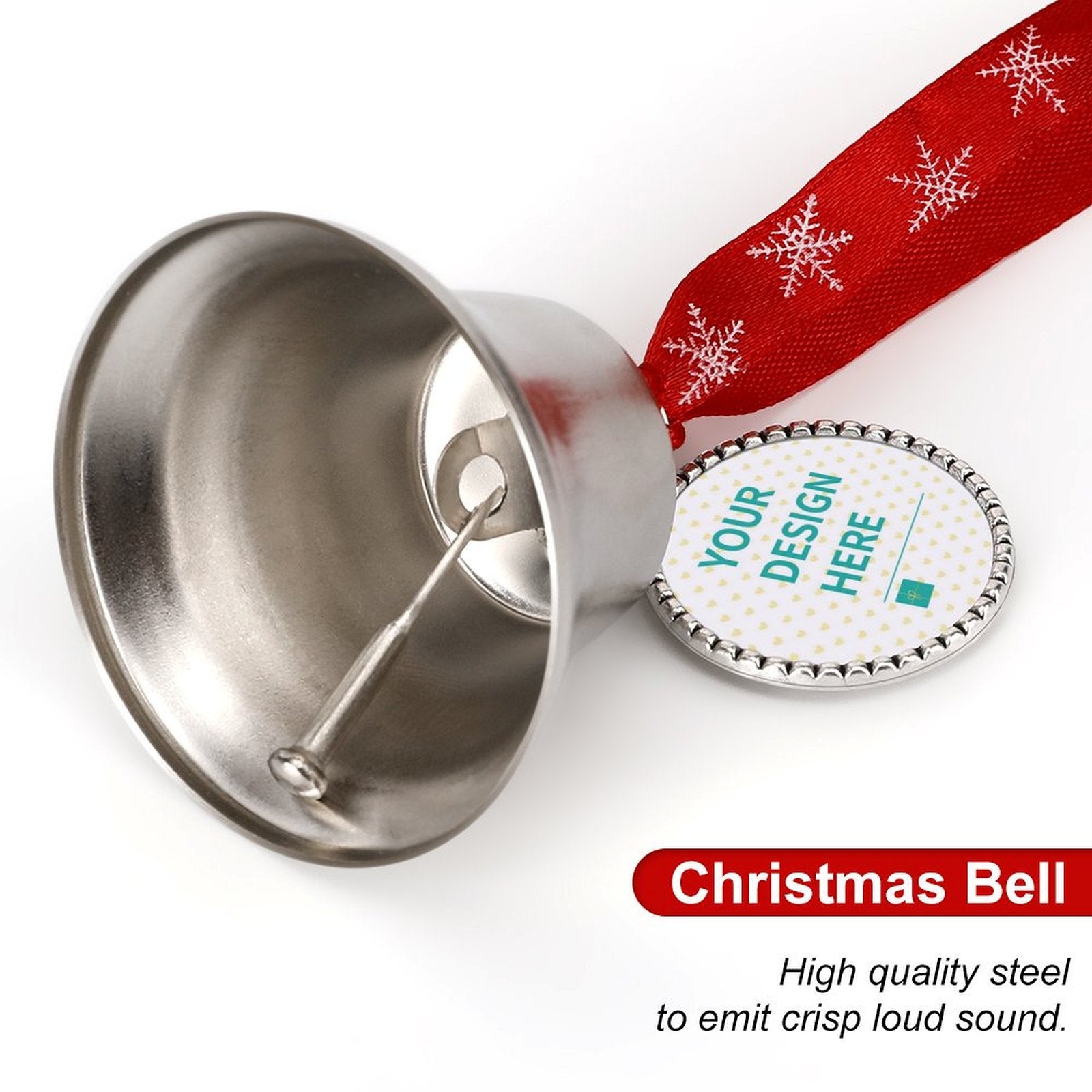 Custom Christmas jingle bell with design area, red ribbon, and snowflakes for tree decoration. Made of high quality steel.