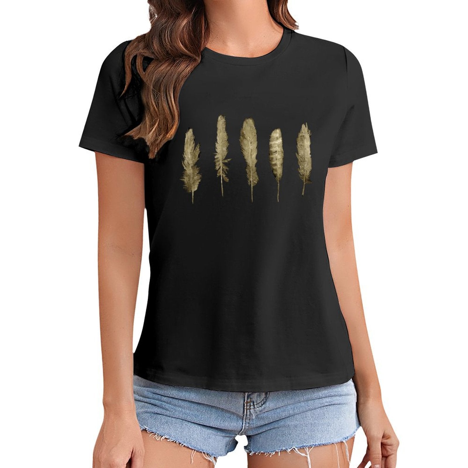 Black t-shirt with gold feather print, casual style, MyArtsyGift