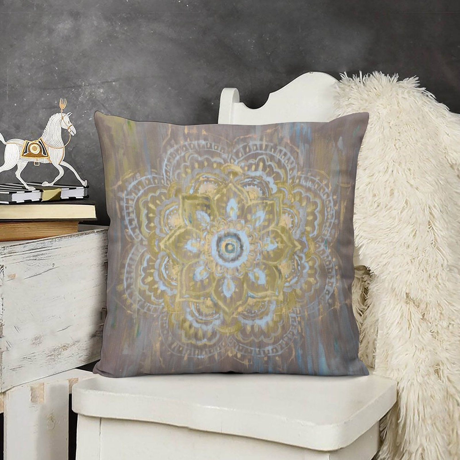 Mandala throw pillow cover, luxury soft plush decorative pillow, gray and gold design for sofa and living room.