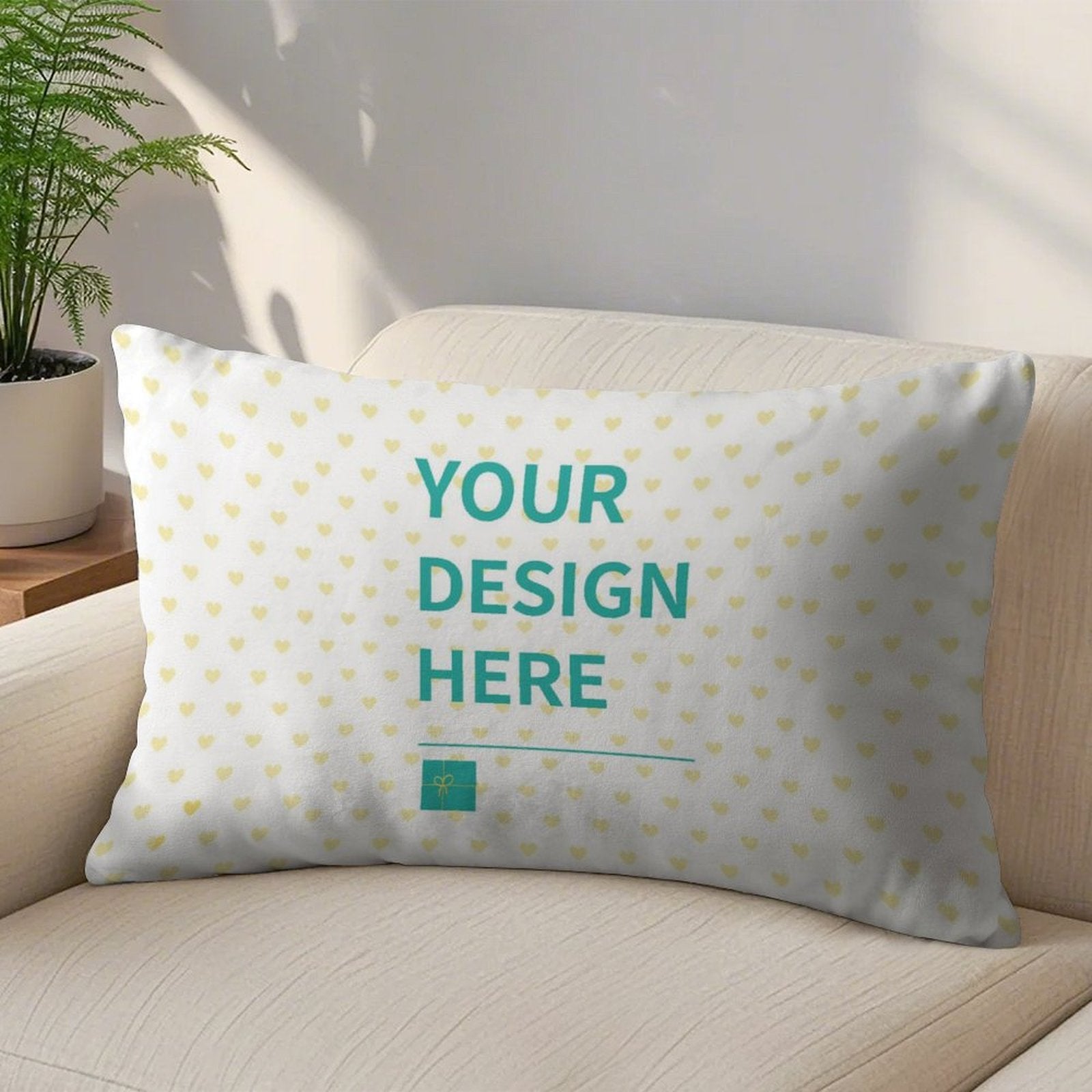 Custom pillow case with 'YOUR DESIGN HERE' text, white with hearts, personalized gift, soft plush