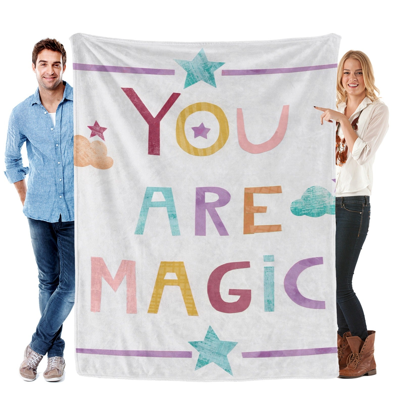 Unicorn Magic flannel blanket with YOU ARE MAGIC text, perfect for babies and kids.