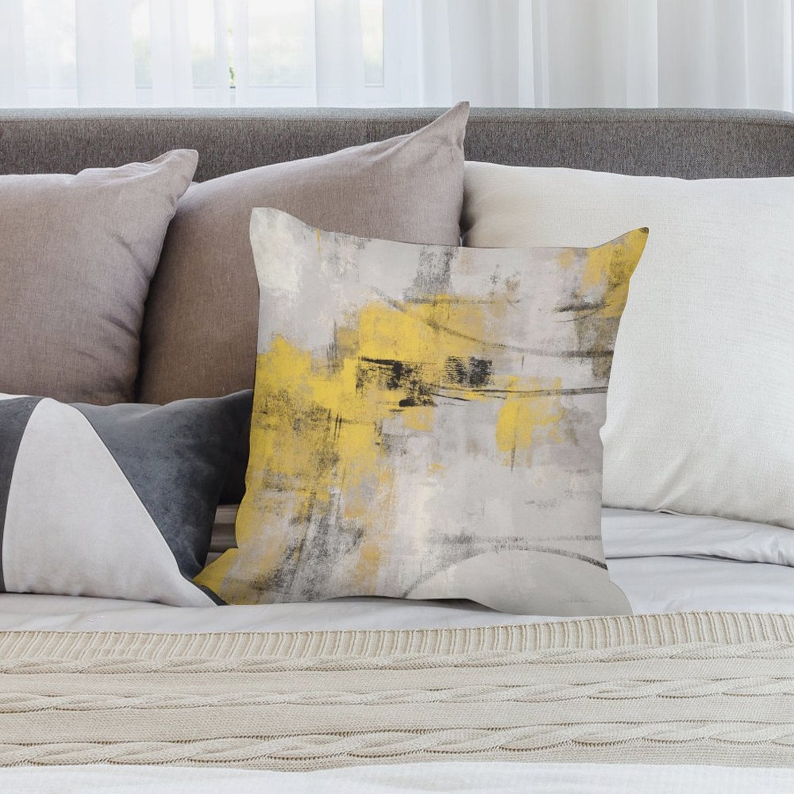 Square throw pillow cover with abstract art design in yellow, gray, and black; short plush, sofa decor.