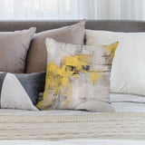 Yellow, gray, and black abstract art pillow cover on a bed, short plush material for home decor.