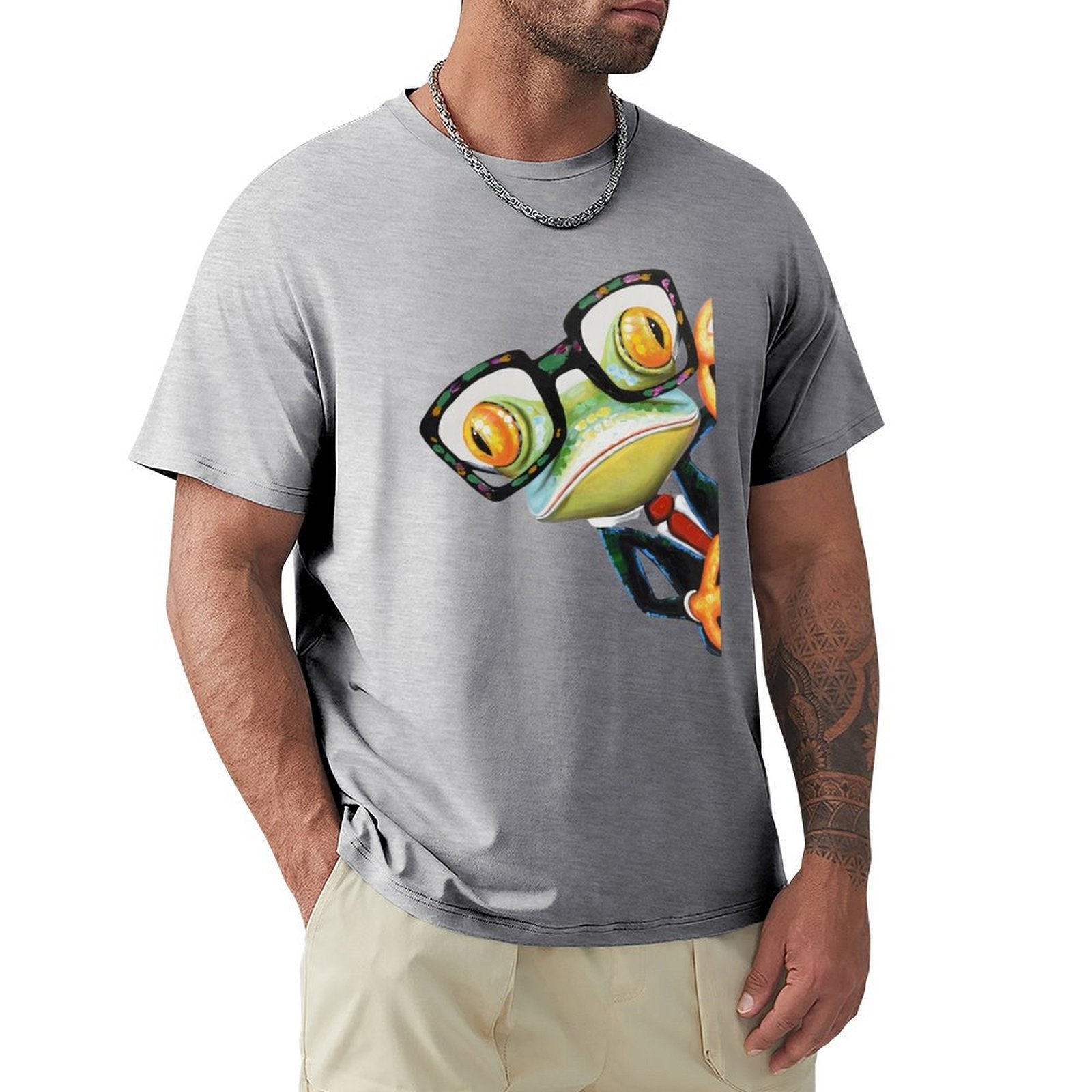 Men's grey crew neck t-shirt with frog graphic. Classic Tees from MyArtsyGift