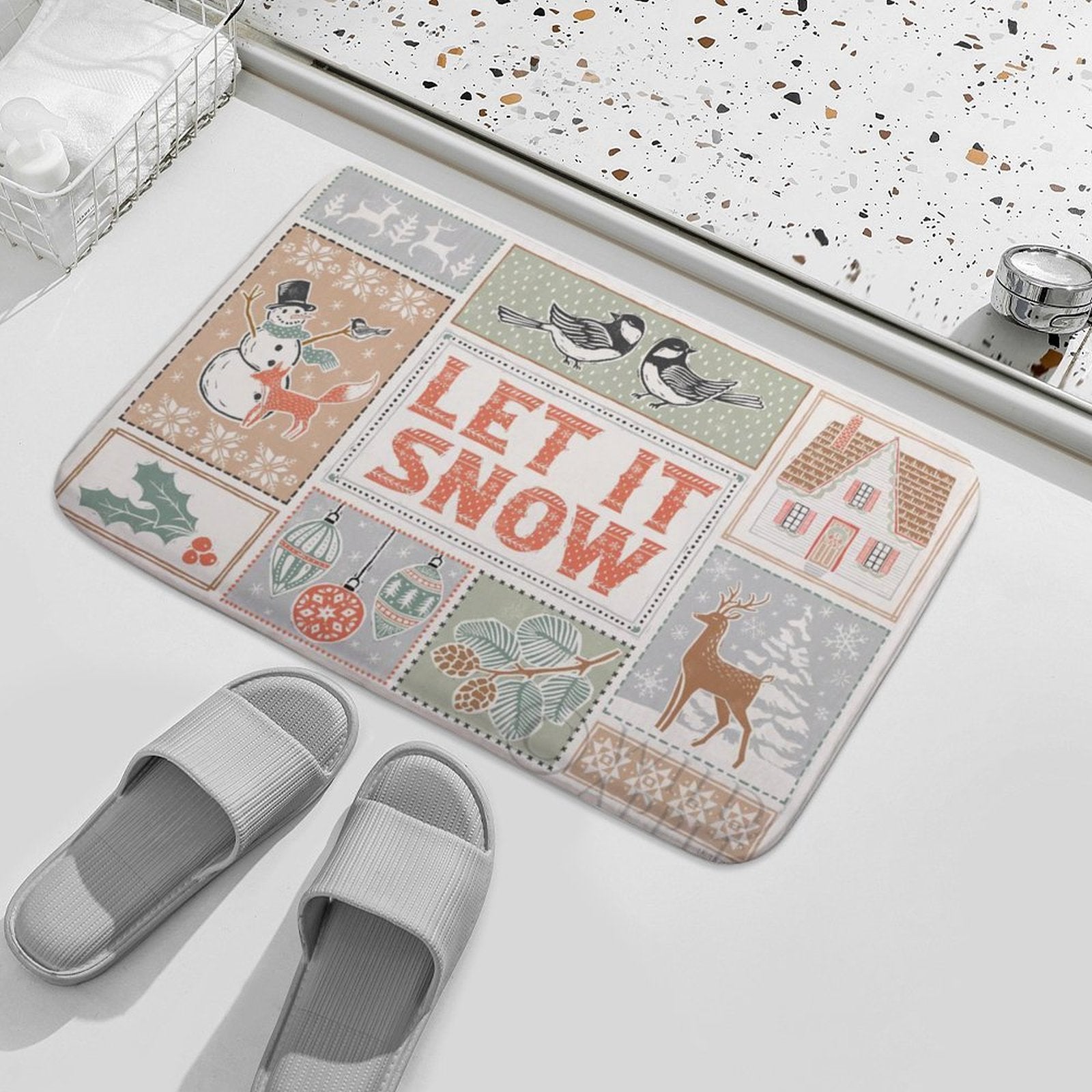 Coral velvet bath rug with winter theme, LET IT SNOW design, non-slip bathroom floor carpet