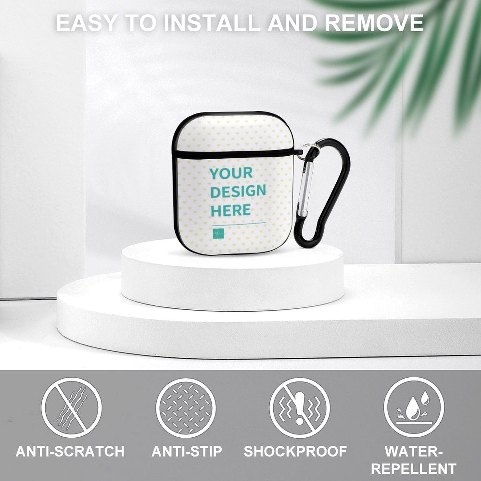 Custom AirPods case with "YOUR DESIGN HERE" design, PC hard shell, anti-scratch, water-repellent, for AirPods 1st & 2nd Gen