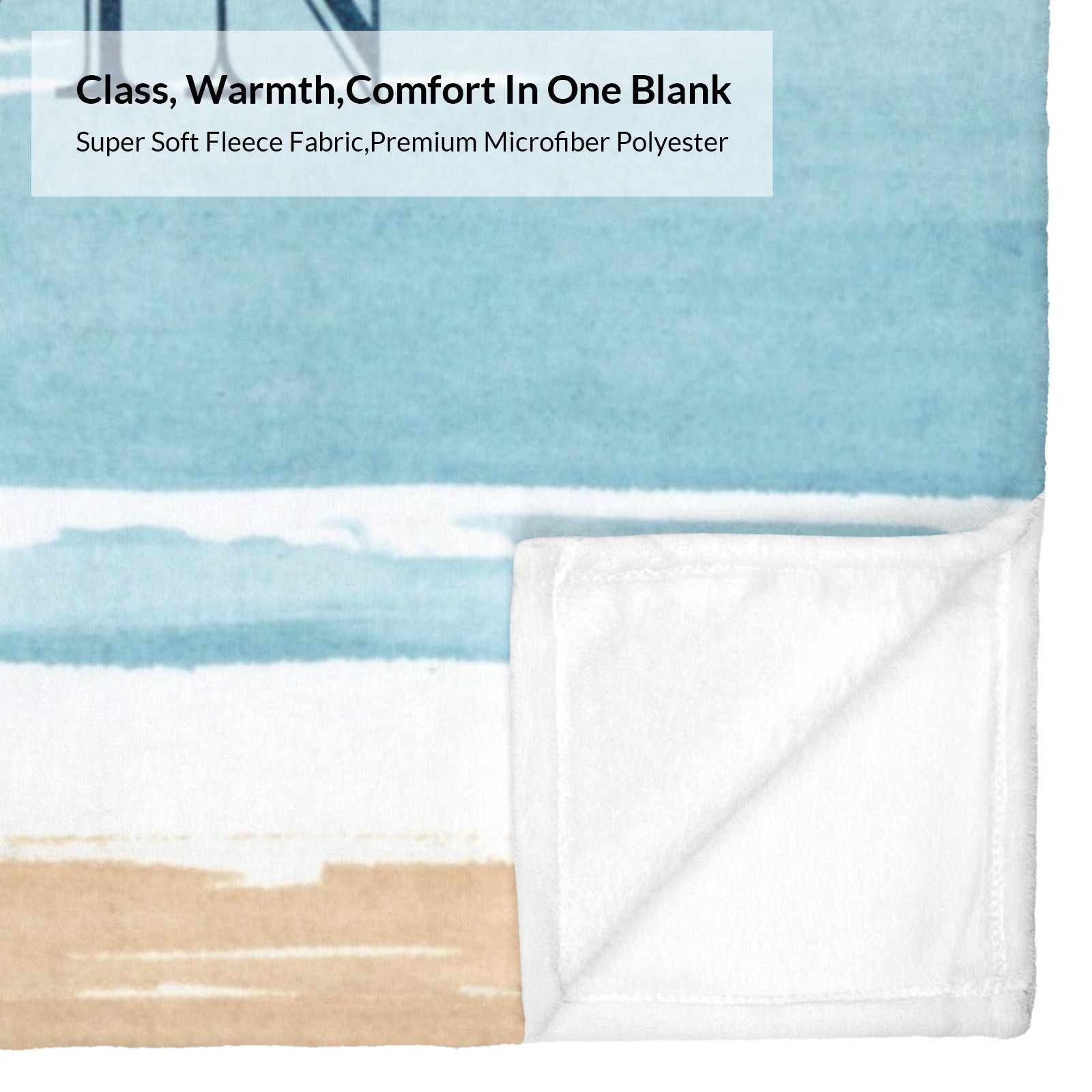 Blue beach flannel blanket, watercolor design. Soft microfiber polyester for sofa, bed. Class, Warmth, Comfort in one blank.